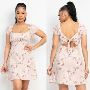 Taupe Square Neck Back-Tie Cutout Floral Dress NWT